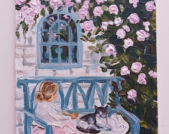 Simpatico gatto Dipinto acrilico originale con una ragazzina bionda vestita di rose sulla panchina con un gatto. Ottima decorazione per la cameretta dei bambini, idee regalo