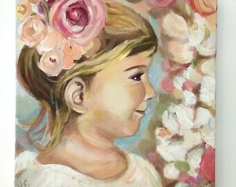 Engelchen, Originalgemälde auf Leinwand, Gemälde in ruhigen Farben mit einem kleinen Mädchen in Blumen Beste Geschenkidee für Mütter, Dekor im Kinderzimmer