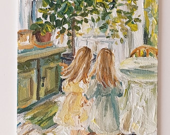 Cozy morning Two little girls at home Original acrilyc painting with two children Childhood  Best friends, Great home decor