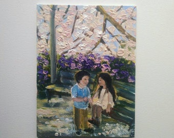 In the park Original acrilyc painting wih two happy children, Loving boy and girl in flowers ,The best friends in spring park Friendship