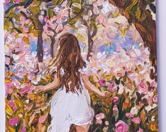 Monde ou illusion Peinture acrylique originale avec une petite fille brune dans un pré de fleurs Superbe décoration pour chambre d'enfant, idées cadeaux