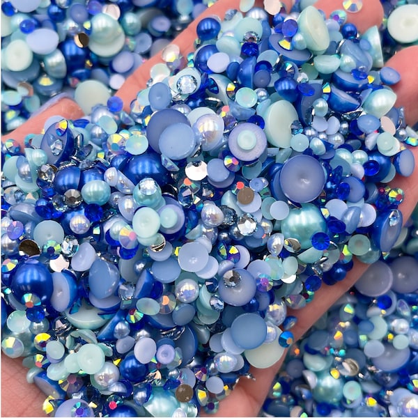 Shades of Blue Pearls and Rhinestone Mix, Sizes Range 3MM-10MM, Flatback Jelly Resin, Faux Pearls Mix, Mixed Sizes