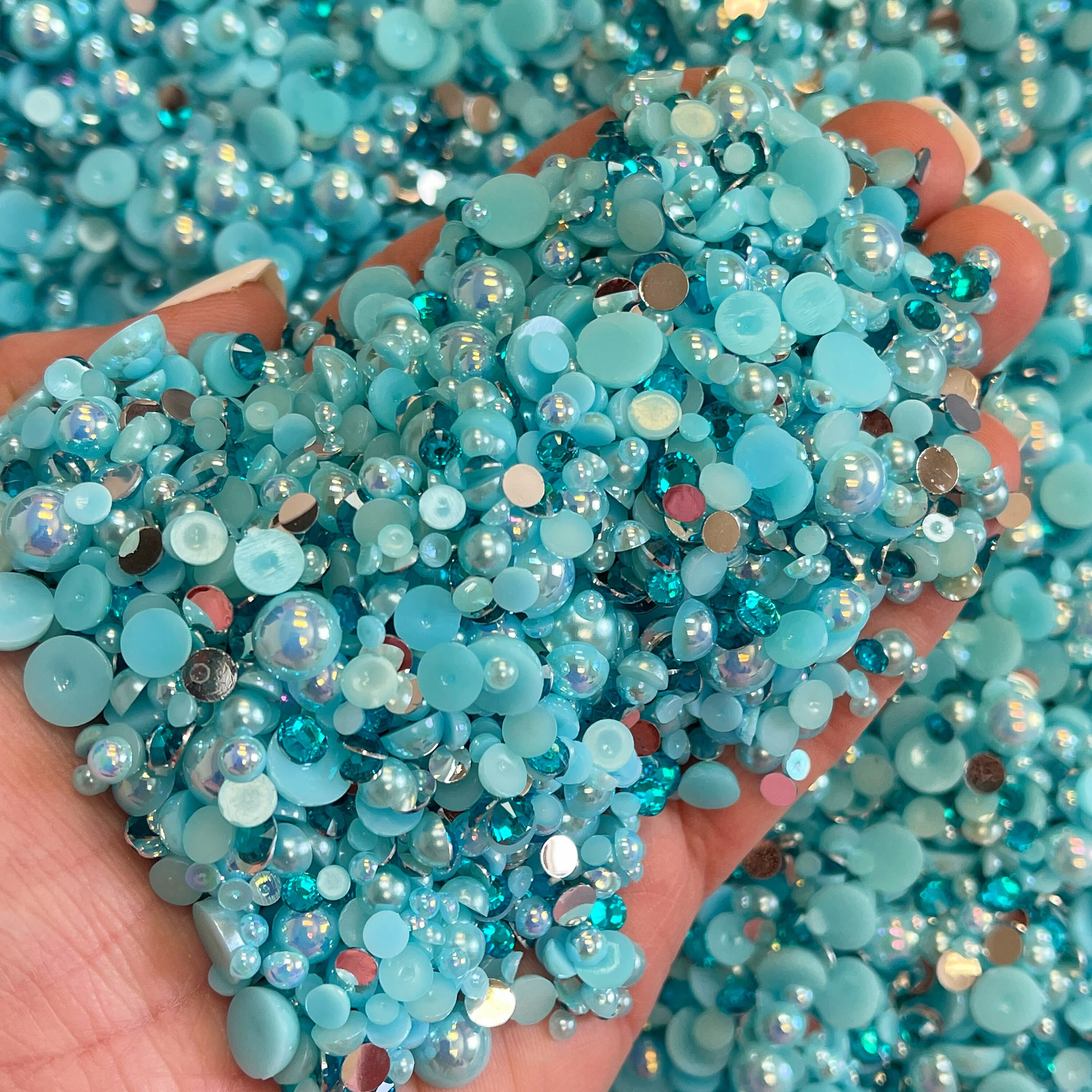 Blue Topaz Pearl Mix, Flatback Pearls and Rhinestone Mix