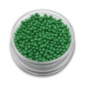 May include: A clear plastic container filled with small, bright green round beads.