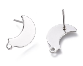 10 pcs Moon Stainless Steel Earring Posts Studs 14mm, 20 Pairs Pack