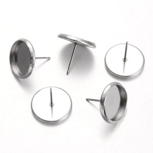 50 pcs Stainless Steel Earring Posts Studs 12mm, Settings Bezels Cabochons, 12mm Glue Pad Setting, 25 Pairs Pack