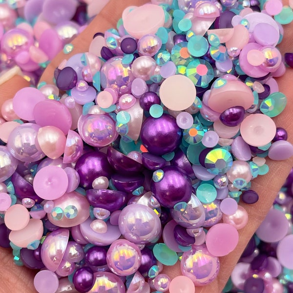 Sugar Plum Pearl Mix, Flatback Pearls and Rhinestone Mix, Sizes Range 3MM-10MM, Flatback Jelly Resin, Faux Pearls Mix, Mixed Sizes