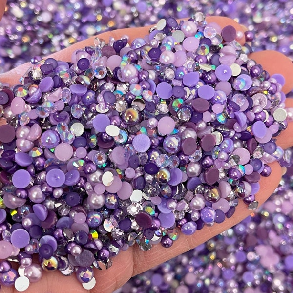 Shades of Purple Pearl Mix, Flatback Pearls and Rhinestone Mix, Sizes Range 3MM-10MM, Flatback Jelly Resin, Faux Pearls Mix, Mixed Sizes