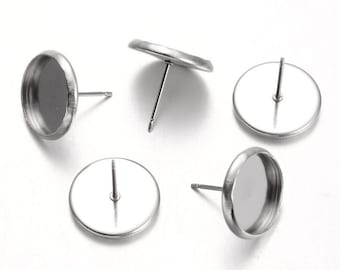 20 pcs Stainless Steel Earring Posts Studs 12 mm, Settings Bezels Cabochons, 12 mm Glue Pad Setting, 10 Pairs Pack