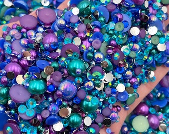 Peacock Pearl Mix, Flatback Pearls and Rhinestone Mix, Sizes Range 3MM-8MM, Flatback Jelly Resin, Faux Pearls Mix, Mixed Sizes