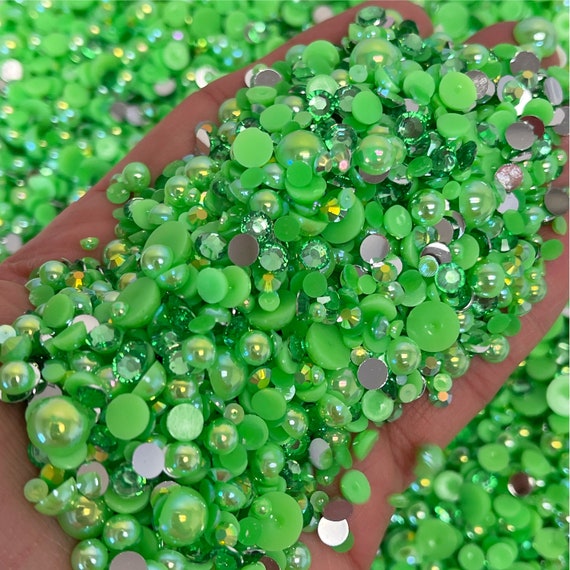 Apple Green Pearl Mix, Flatback Pearls and Rhinestone Mix, Sizes Range  3MM-8MM, Flatback Jelly Resin, Faux Pearls Mix, Mixed Sizes 