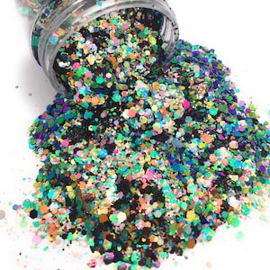 May include: A close-up of a jar of colorful glitter, with a variety of shapes and sizes. The glitter is spilling out of the jar, creating a pile of shimmering sparkle.