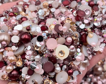 Maroon Marsala Pearl Mix, Flatback Pearls and Rhinestone Mix, Sizes Range 3MM-10MM, Flatback Jelly Resin, Faux Pearls Mix