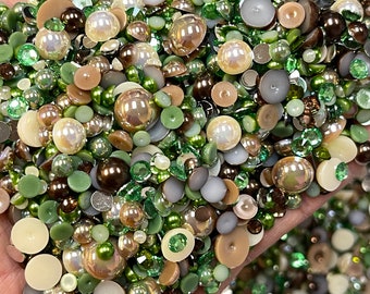 Green Camo Pearl Mix, Flatback Pearls and Rhinestone Mix, Sizes Range 3MM-6MM, Flatback Jelly Resin, Faux Pearls Mix, Mixed Sizes