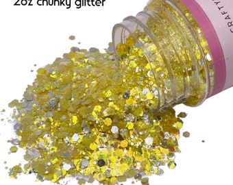 Yellow and Silver Holographic Chunky Glitter Mix 2oz Bottle, Chunky Glitter, Polyester Glitter, Solvent Resistant, Premium Quality Glitter