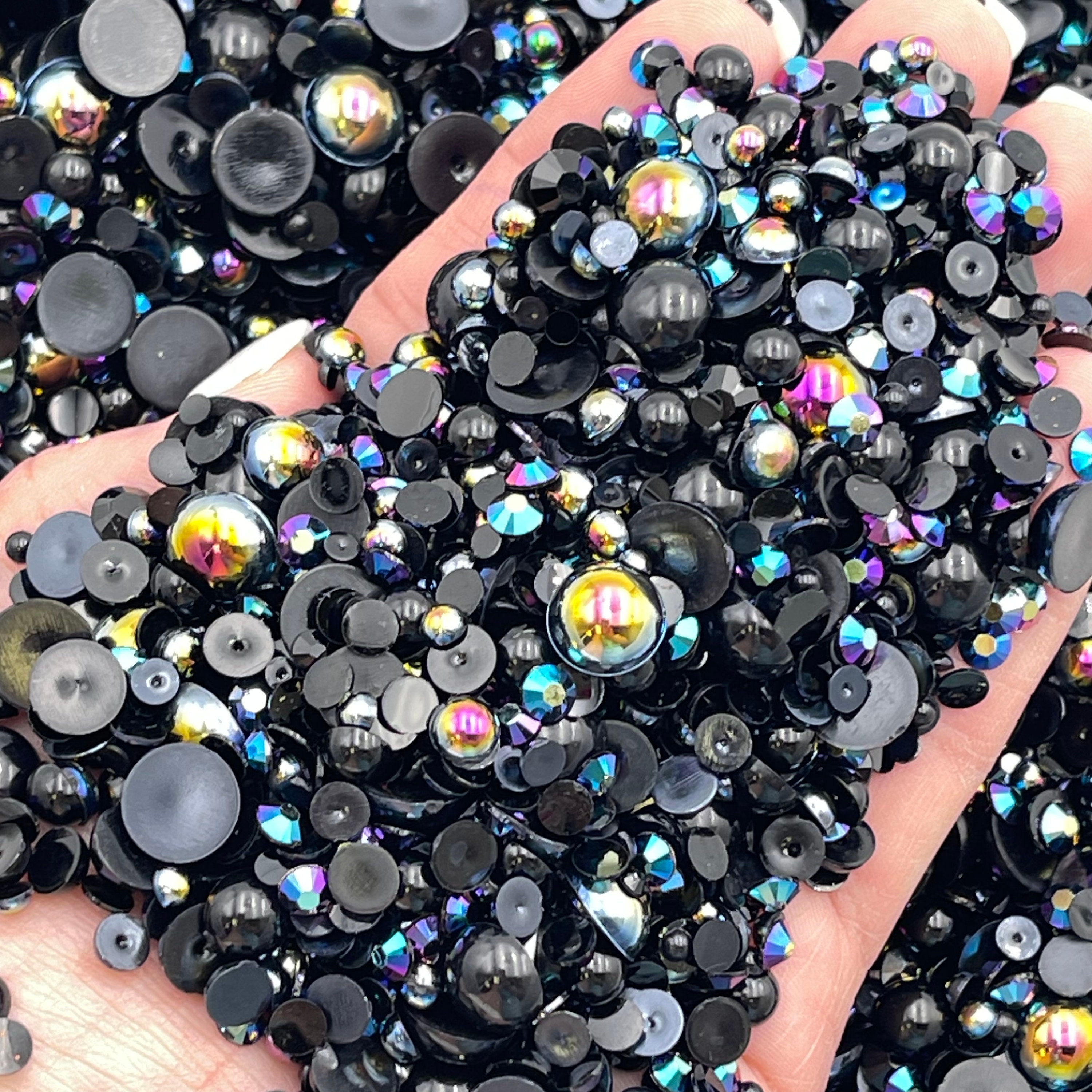 Black Hole Pearl Mix, Flatback Pearls and Rhinestone Mix, Sizes