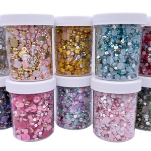 BULK 4oz Pearl Mix Jars, Flatback Pearls and Rhinestone Mix, Sizes Range 3MM-10MM, Flatback Jelly Resin, Faux Pearls Mix, Mixed Sizes