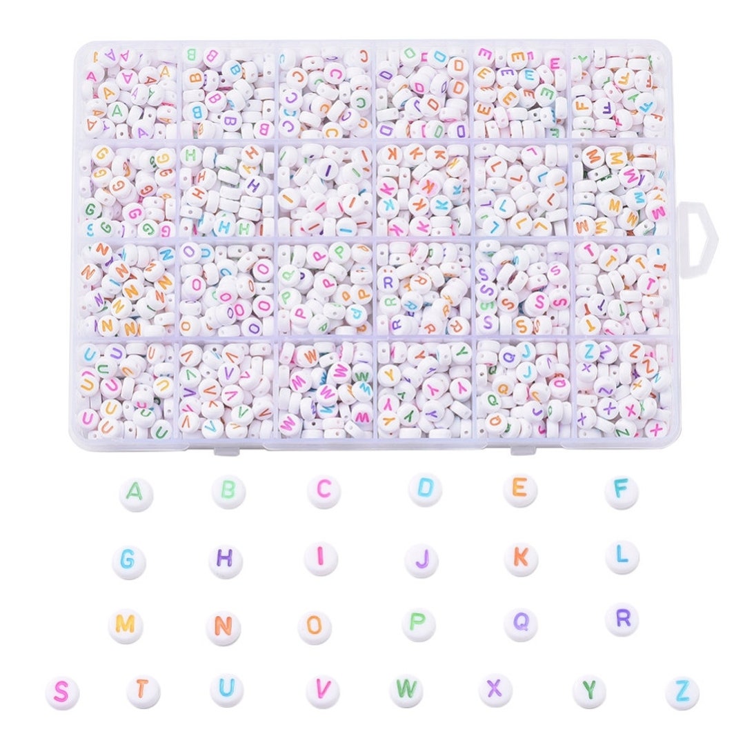 Plastic White Mixed Alphabet Beads, Round 7mm, (Horizontal), 1000