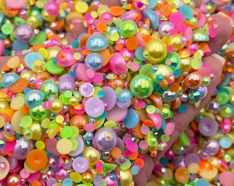 Marshmallow Bunnies Pearl Mix, Flatback Pearls and Rhinestone Mix, Sizes Range 3MM-10MM, Flatback Jelly Resin, Faux Pearls Mix, Mixed Sizes