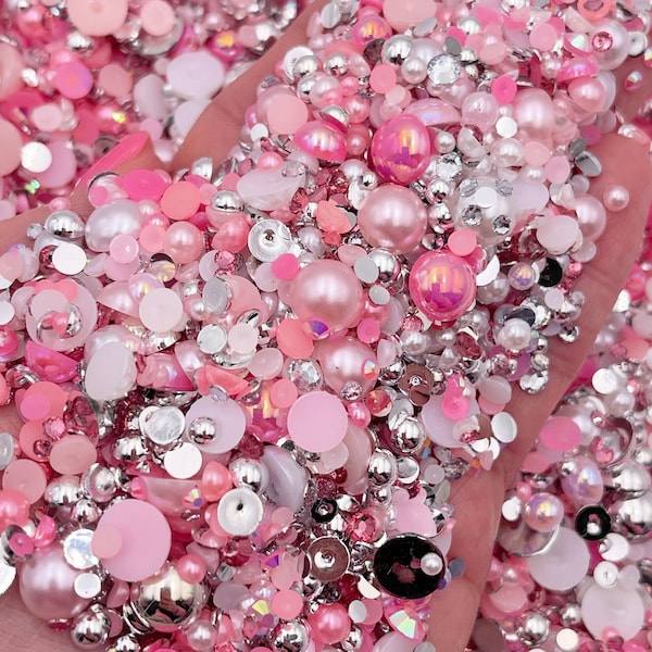 Pink, White and Silver Pearl Mix, Flatback Pearls and Rhinestone Mix, Sizes Range 3MM-10MM, Flatback Jelly Resin, Faux Pearls Mix