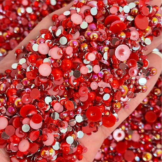 Ruby Red Pearl Mix, Flatback Pearls and Rhinestone Mix, Sizes Range  3MM-8MM, Flatback Jelly Resin, Faux Pearls Mix, Mixed Sizes