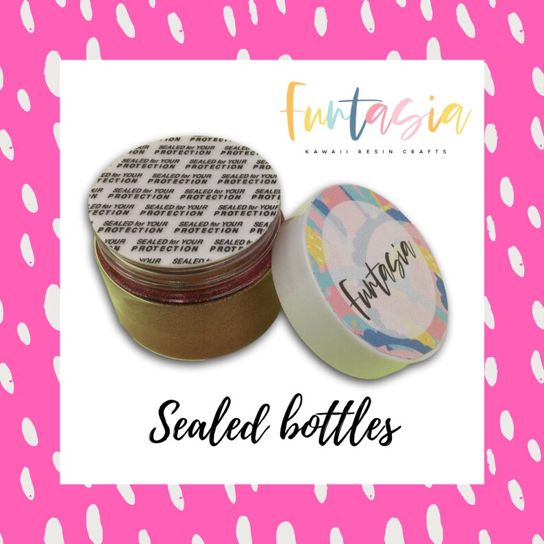 May include: Two sealed glass bottles with gold lids. The bottles are filled with a glittery substance. The lids have a white sticker with the text "Funtasia Kawaii Resin Crafts" and a colorful abstract design. The text "Funtasia" is also printed on the lid.