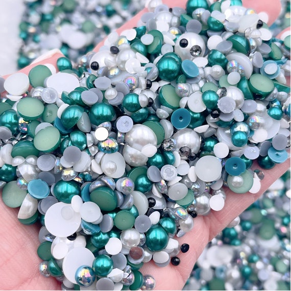 Green and Blue Pearl Mix, Flatback Pearls and Rhinestone Mix, Sizes Range  3MM-10MM, Flatback Jelly Resin, Faux Pearls Mix, Mixed Sizes