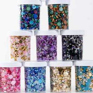 BULK 4oz Pearl Mix Jars, Flatback Pearls and Rhinestone Mix, Sizes Range 3MM-10MM, Flatback Jelly Resin, Faux Pearls Mix, Mixed Sizes