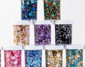 BULK 4oz Pearl Mix Jars, Flatback Pearls and Rhinestone Mix, Sizes Range 3MM-10MM, Flatback Jelly Resin, Faux Pearls Mix, Mixed Sizes