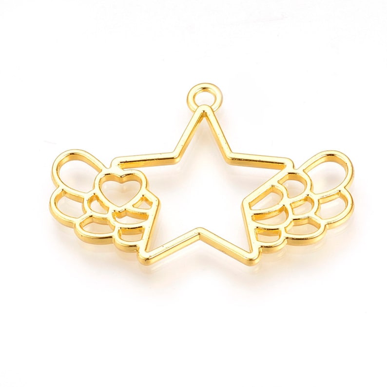 2 Gold Star with Wings Open Bezel Pendant Alloy Open Back Bezel Pendants Resin Bezels DIY UV Resin