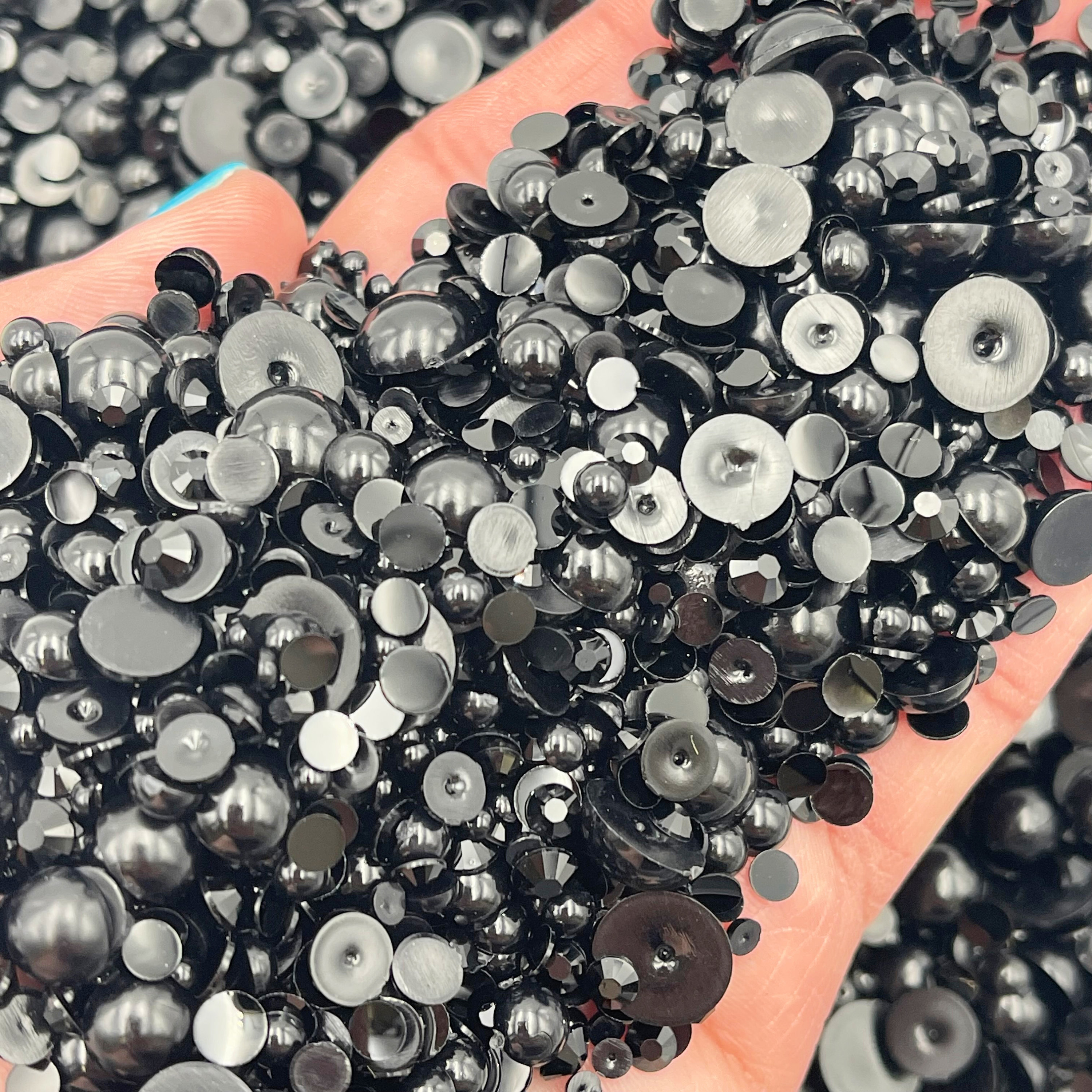 All Black Pearl Mix, Flatback Pearls and Rhinestone Mix, Sizes