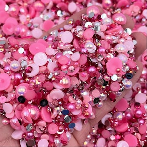 Shades of Pink Pearl Mix, Flatback Pearls and Rhinestone Mix, Sizes Range 3MM-8MM, Flatback Jelly Resin, Faux Pearls Mix, Mixed Sizes
