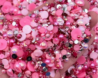 Shades of Pink Pearl Mix, Flatback Pearls and Rhinestone Mix, Sizes Range 3MM-8MM, Flatback Jelly Resin, Faux Pearls Mix, Mixed Sizes