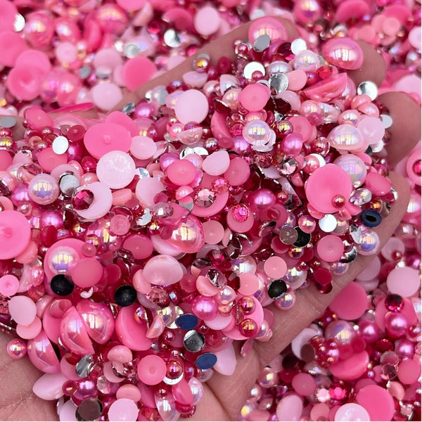 Shades of Pink Pearl Mix, Flatback Pearls and Rhinestone Mix, Sizes Range 3MM-8MM, Flatback Jelly Resin, Faux Pearls Mix, Mixed Sizes