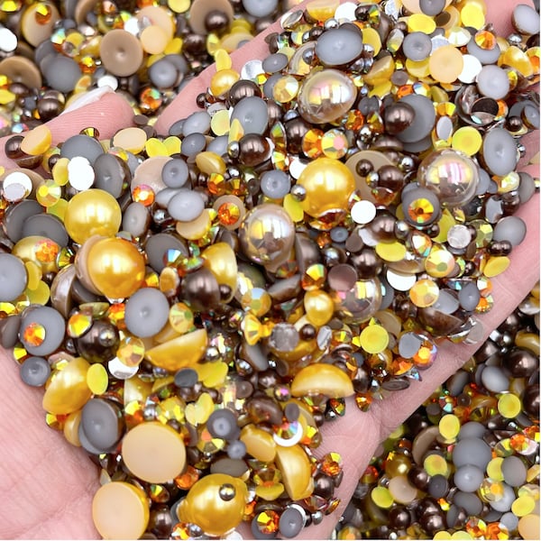 Autumn Leaves Pearl Mix, Flatback Pearls and Rhinestone Mix, Sizes Range 3MM-10MM, Flatback Jelly Resin, Faux Pearls Mix