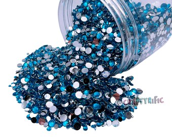 Blue Zircon Mixed Size Resin Rhinestone 4oz Jar, Mixed Sized 2-5mm, Non-Hotfix, Flatback Resin Rhinestone, Bulk Rhinestone Jars