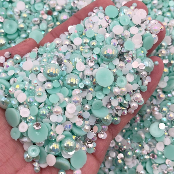 Sorbet Mint Pearl Mix, Flatback Pearls and Rhinestone Mix, Sizes Range 3MM-6MM, Flatback Jelly Resin, Faux Pearls Mix, Mixed Sizes