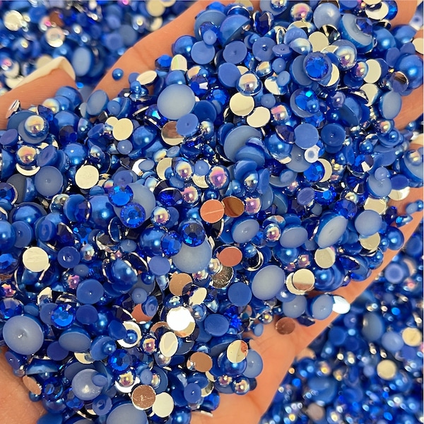 Sapphire Blue Pearl Mix, Flatback Pearls and Rhinestone Mix, Sizes Range 3MM-8MM, Flatback Jelly Resin, Faux Pearls Mix, Mixed Sizes