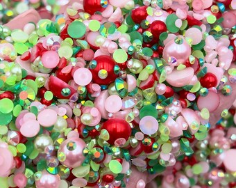 Merry Pinkmas Pearl Mix, Flatback Pearls and Rhinestone Mix, Sizes Range 3MM-10MM, Flatback Jelly Resin, Faux Pearls Mix, Mixed Sizes