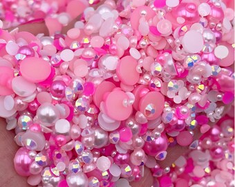 Pretty in Pink Pearl Mix, Flatback Pearls and Rhinestone Mix, Sizes Range 3MM-10MM, Flatback Jelly Resin, Faux Pearls Mix, Mixed Sizes
