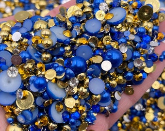 Royal Blue and Gold Pearl Mix, Flatback Pearls and Rhinestone Mix, Sizes Range 3MM-10MM, Flatback Jelly Resin, Faux Pearls Mix, Mixed Sizes