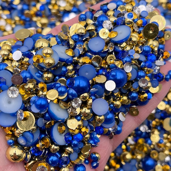 Royal Blue and Gold Pearl Mix, Flatback Pearls and Rhinestone Mix, Sizes  Range 3MM-10MM, Flatback Jelly Resin, Faux Pearls Mix, Mixed Sizes 