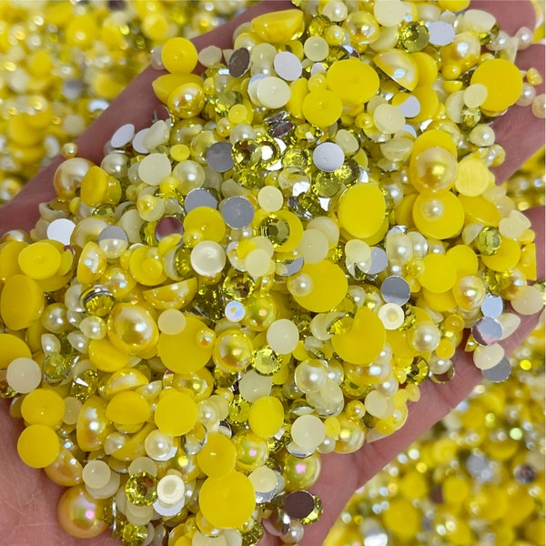 Citrine Yellow Pearl Mix, Flatback Pearls and Rhinestone Mix, Sizes Range 3MM-8MM, Flatback Jelly Resin, Faux Pearls Mix, Mixed Sizes