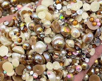 Sandy Beach Pearl Mix, Flatback Pearls and Rhinestone Mix, Sizes Range 3MM-10MM, Flatback Jelly Resin, Faux Pearls Mix, Mixed Sizes