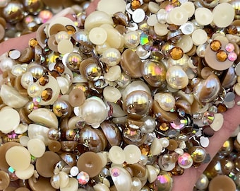 Sandy Beach Pearl Mix, Flatback Pearls and Rhinestone Mix, Sizes Range 3MM-10MM, Flatback Jelly Resin, Faux Pearls Mix, Mixed Sizes