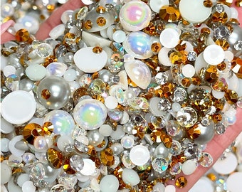 Chandelier Pearl Mix, Flatback Pearls and Rhinestone Mix, Sizes Range 3MM-10MM, White, Clear and Gold, Faux Pearls Mix, Mixed Sizes