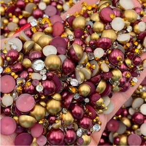 Maroon and Gold Pearl Mix, Flatback Pearls and Rhinestone Mix, Sizes Range 3MM-8MM, Flatback Jelly Resin, Faux Pearls Mix, Mixed Sizes