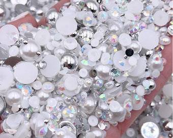 In the Clouds Pearl Mix, Flatback Pearls and Rhinestone Mix, Sizes Range 3MM-8MM, Flatback Jelly Resin, Faux Pearls Mix, Mixed Sizes
