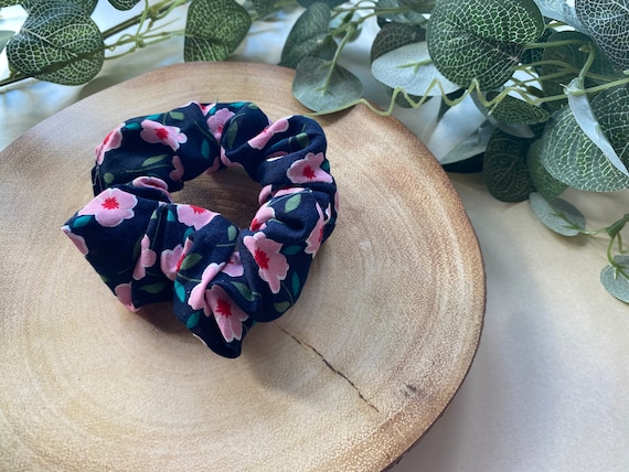 Navy and Pink Flower Scrunchie | Floral Scrunchie | Navy Scrunchie | Pink Flower Scrunchie