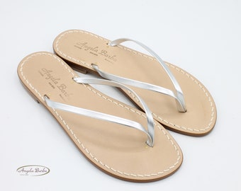 The Flip Flop  Sandal - Woman Handmade Capri Sandals - Made in Italy - Silver Color - Tuscany Leather Fashion Shoes - Sorrento Capri Amalfi